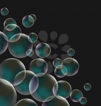 Transparent soap bubbles on black background