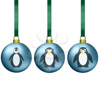 Christmas balls with penguins family isolated on white