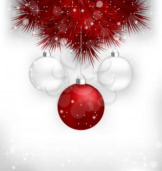 Multicolored Christmas balls hanging on red pine branches on grayscale background