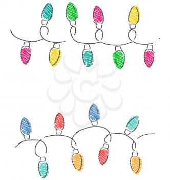 Multicolored flat hand-drawn Christmas lights isolated on white background