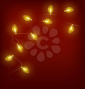 Glowing yellow twisted led Christmas lights garland on red background