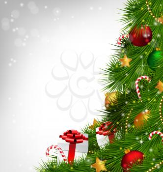 Shiny Christmas tree with gift boxes, candy canes, Christmas balls, stars and chains on grayscale background