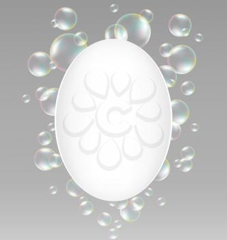 Transparent iridescent soap bubbles with white oval frame on grayscale background