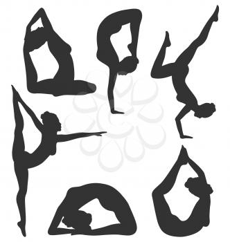 Woman in Yoga Poses Asanas Set Black Isolated on White Background