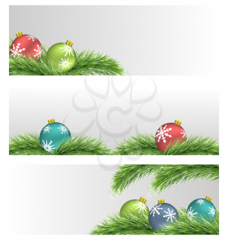 Banners with multicolored Christmas balls on pine branches