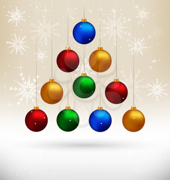 Ten multicolored Christmas balls hanging like fir tree on beige background with snowflakes
