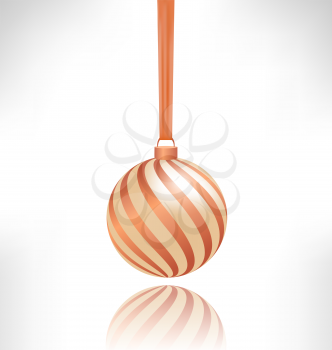Single spiral Christmas ball hanging on piece of fabric with reflection on grayscale background