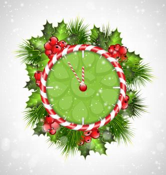 Candy cane clock with holly sprigs and pine branches in snowfall on grayscale background