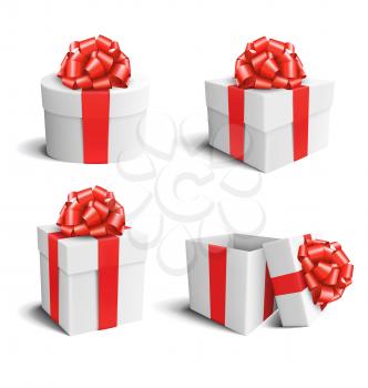 Set Collection of White Celebration Gift Boxes with Red Bows Isolated on White Background