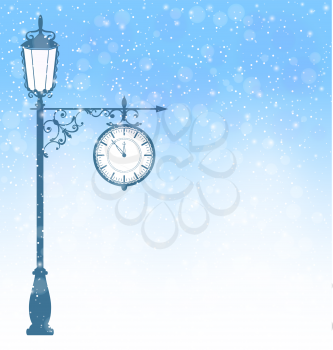 Vintage winter lamppost with clock in snowfall on blue background