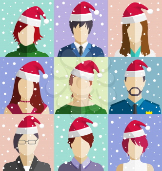 Set of Christmas People Faces in Santa Hat in Snowfall Flat Icons