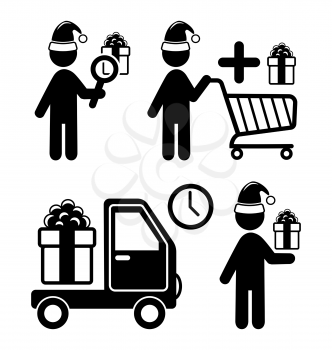 Set of Christmas Shopping Gifts Flat Black Pictograms People Icons Isolated on White Background