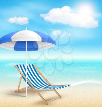 Beach with Sun Beach Umbrella Beach Chair and Clouds. Summer Vacation Background