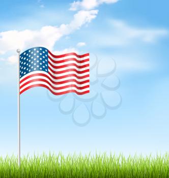 Wavy USA national flag with grass and clouds on sky background