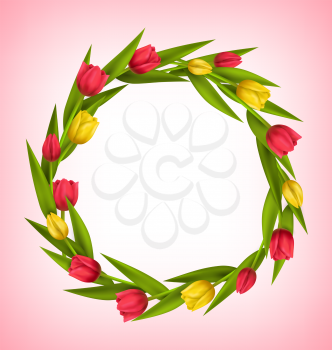Circle frame with tulips red and yellow flowers on pink background