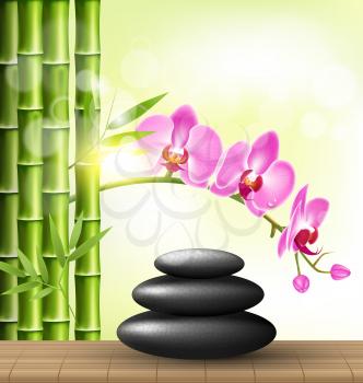Stack of spa stones with orchid pink flowers and bamboo and sunlight on light-green background