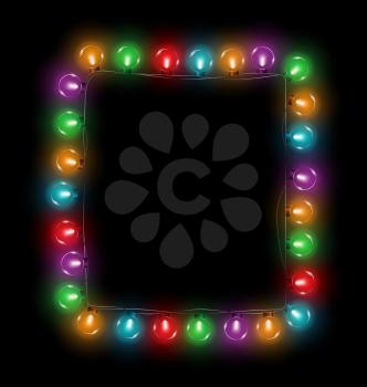 Multicolored glassy led Christmas lights garland like frame on black background