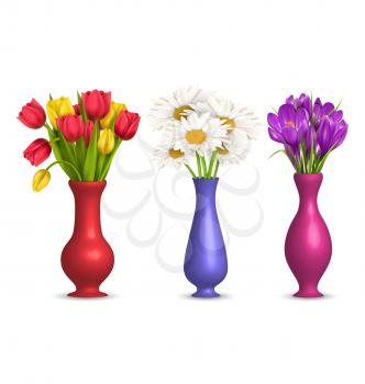 Flowers chamomiles tulips and crocuses in vases isolated on white