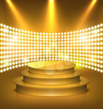 Illuminated Festive Golden Premium Stage Podium with Spot Lights on Gold Background