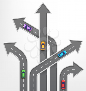 Roads Arrows Travel Background with Cars on White Background