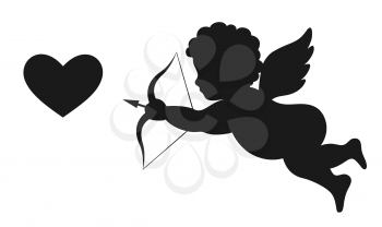 Angel Amur Cupid on Wings with Bow Arrow and Heart White and Black Icon Sign Isolated on White Background