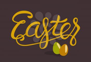 Happy Easter Lettering with Eggs Isolated on Brown Background