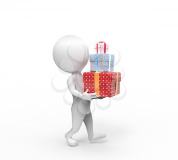 Small person carries three box-gifts on white background