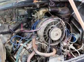 Old car engine closeup view