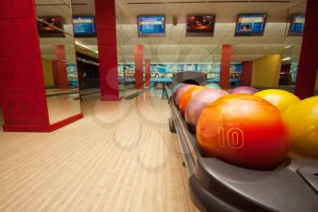 Interior of vintage bowling hall. Wide angle