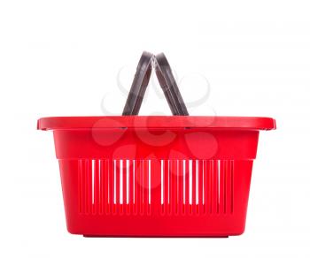 Red plastic basket for shopping. Isolated over white background.