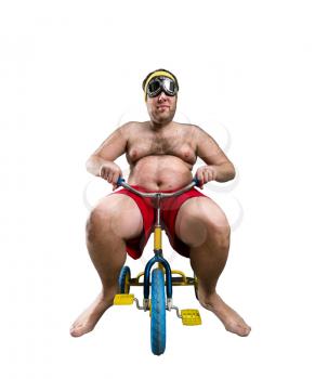 Fat man riding a small bicycle isolated on white