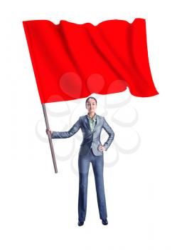 Woman holding a red flag stands isolated on white background