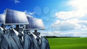 Businessmen with a solar panels instead of a heads