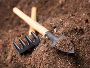Rake and shovel  on soil with copy space