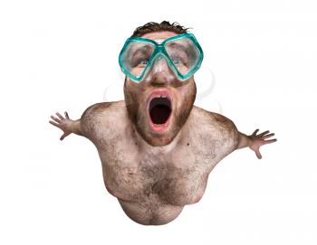 Man with swimming mask leaping out to breath air. Isolated