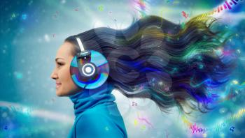 Colorful women in headphones listening to the music