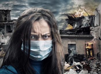 Disaster concept. Women weared gauze mask