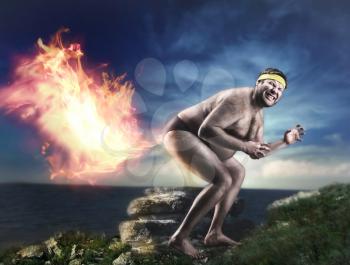Bizarre naked man farts flame at night