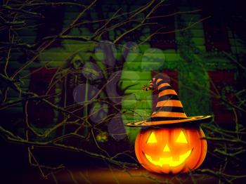 Helloween pumpkin near a haunted house 
