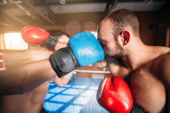 Boxers strike blows to each other. Boxing fighters trainning. Boxing ring on the background.