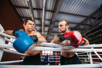 Two boxers hold the hands on the ropes and look at each other after training. Boxing ring on the background. Sport gym.