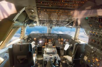 Airplane cockpit view. Aircraft interior