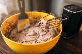 Chocolate cream preparation, dessert cooking. Sweet cake ingredients