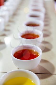 Ceylon tea degustation cups closeup view, tourist excursion on Sri Lanka