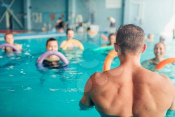 Aqua aerobics, healthy water sport, indoor swimming pool, recreational leisure