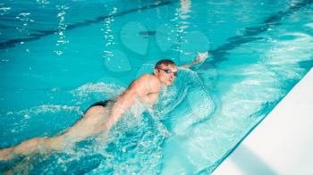 Athletic swimmer in glasses swims in butterfly style, indoor swimming pool