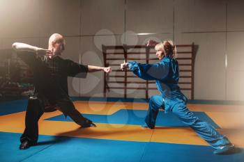 Male and female wushu fighters exercises indoor, martial arts. Sparring partners in action