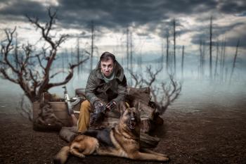 Stalker soldier and dog, rifle, friends in post apocalyptic world. Post-apocalypse lifestyle on ruins, doomsday, judgment day 