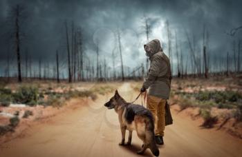 Stalker soldier in gas mask and dog in radioactive zone, survivors after nuclear war. Post apocalyptic world. Post-apocalypse lifestyle on ruins, doomsday, judgment day 