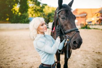 Female rider hugs her horse, friendship, horseback riding. Equestrian sport, young woman and beautiful stallion, farm animal